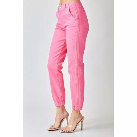 RISEN Pink Denim Style High Waist Rise Joggers Casual NEW Size 5 Waist 27 - Picture 2 of 7